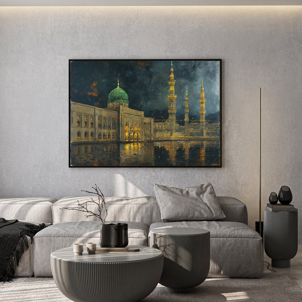 Wadi Home Islamic mosque landscape wall art with green dome and minarets illuminated at twilight, reflecting on water.