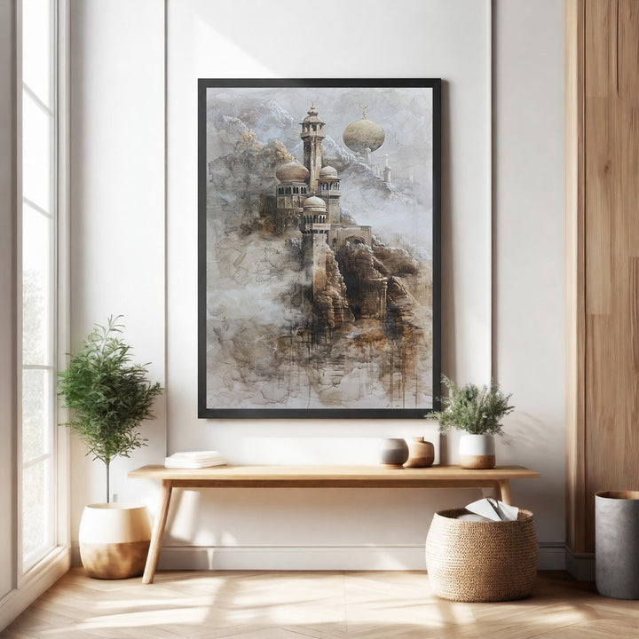 Wadi Home Islamic mosque landscape wall art with muted earthy tones and misty mountains. Serene and spiritual.