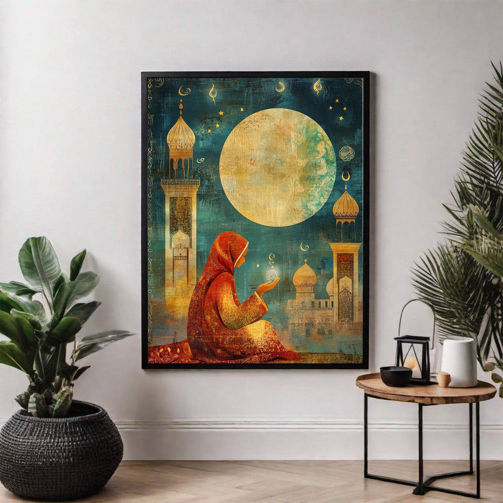 Wadi Home Islamic Mosque and Moon Canvas Wall Art featuring a person in prayer, mosque, and moon. Warm colors with golden accents.