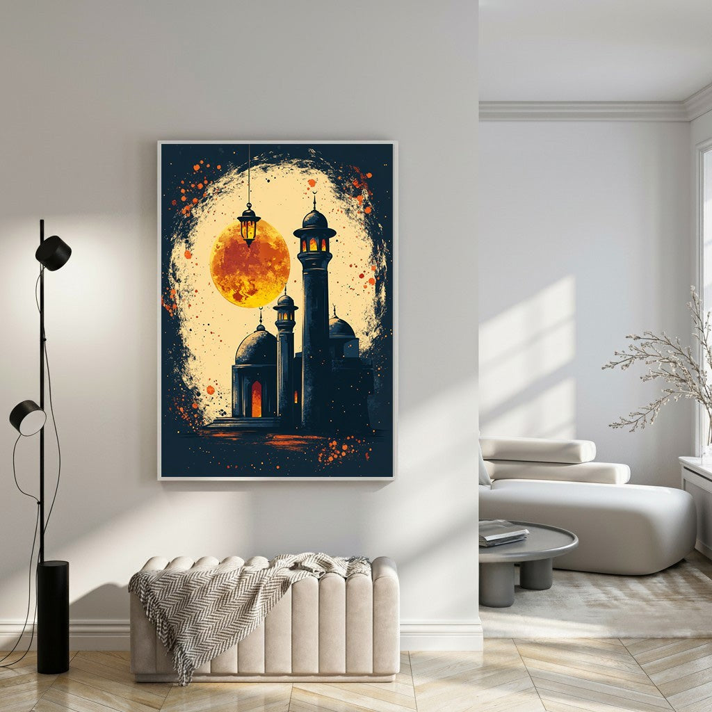 Wadi Home Islamic mosque artwork with glowing moon and lanterns, dark blue and orange palette.
