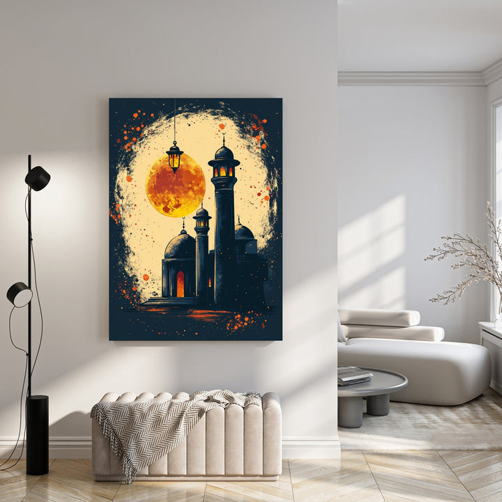 Wadi Home Islamic mosque artwork with glowing moon and lanterns. Dark blue mosque silhouette against a vibrant orange moon.