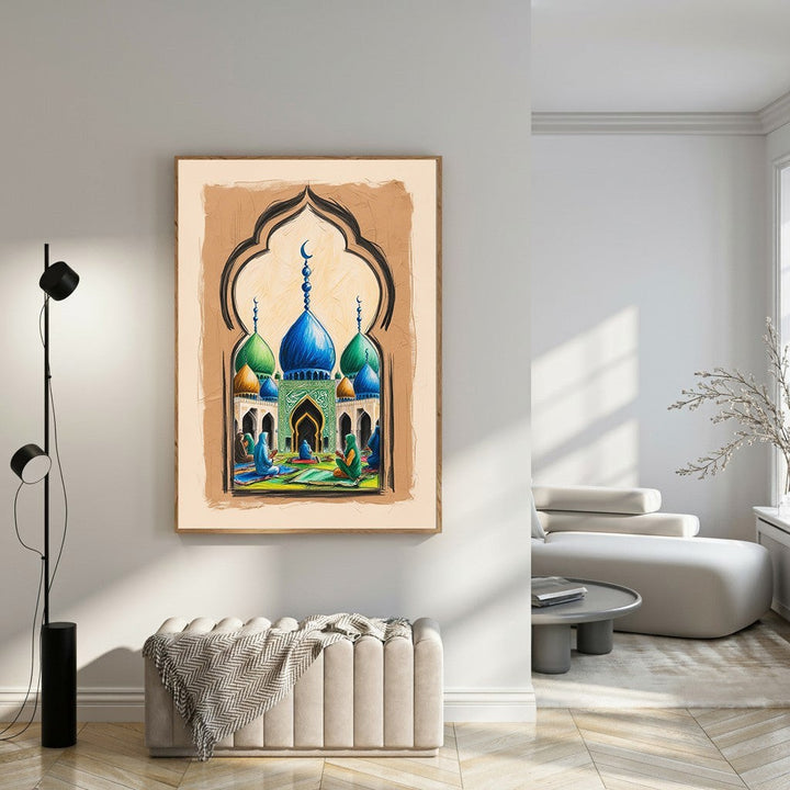 Wadi Home Islamic Mosque Prayer Scene Wall Art with blue and green domes, featuring people in prayer. Rich colours on a textured background.