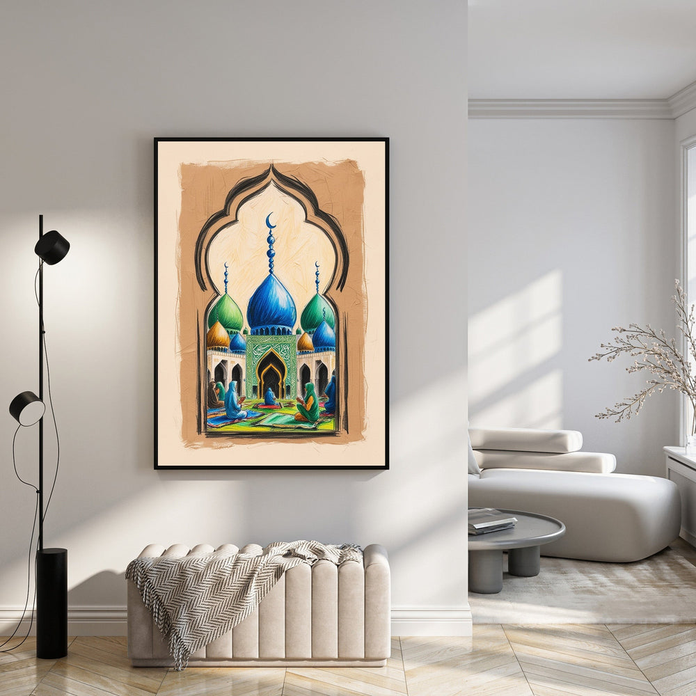 Wadi Home Islamic Mosque Prayer Scene Wall Art with blue and green domes, featuring people praying on mats. Framed artwork.