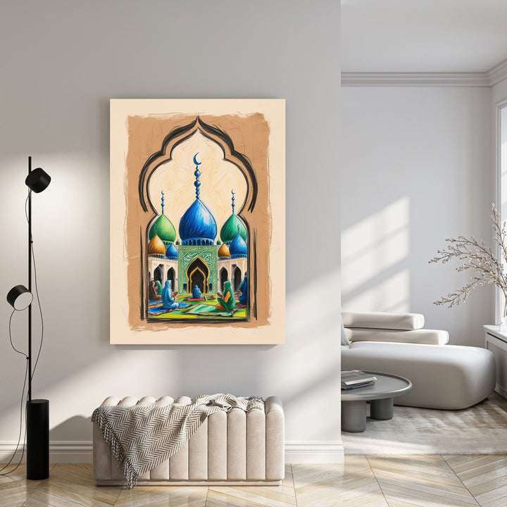 Wadi Home Islamic Mosque Prayer Scene Wall Art with blue and green domes, featuring people praying inside.