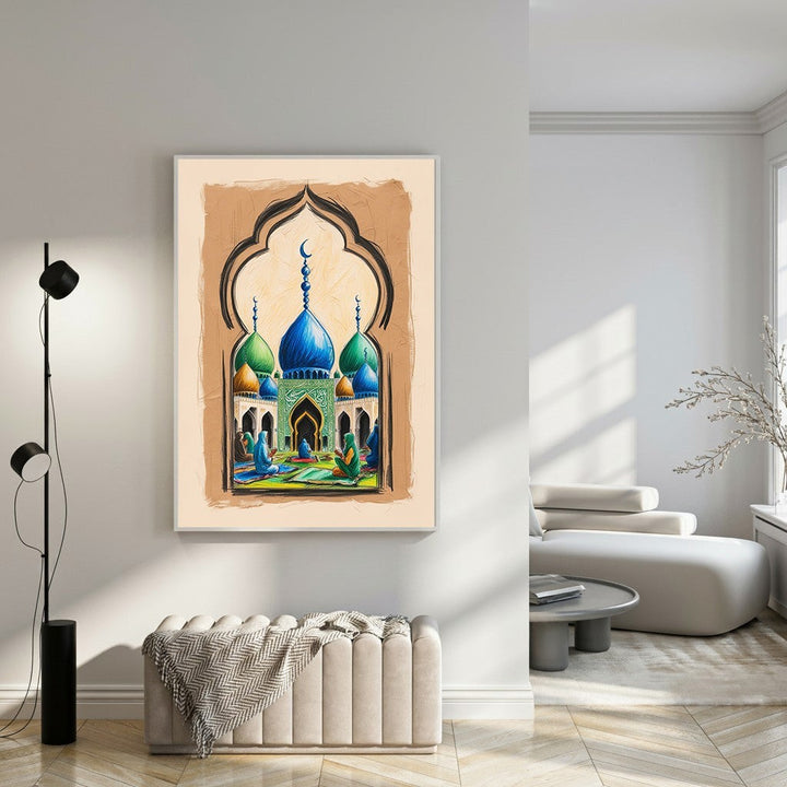 Wadi Home Islamic Mosque Prayer Scene Wall Art with blue and green domes, depicting people in prayer. Vibrant Islamic artwork.