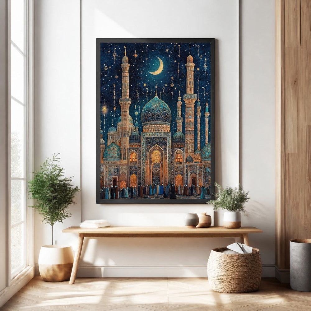Wadi Home Islamic art print of a majestic mosque under a starry night sky with a crescent moon. Rich blues, golds, and teals.