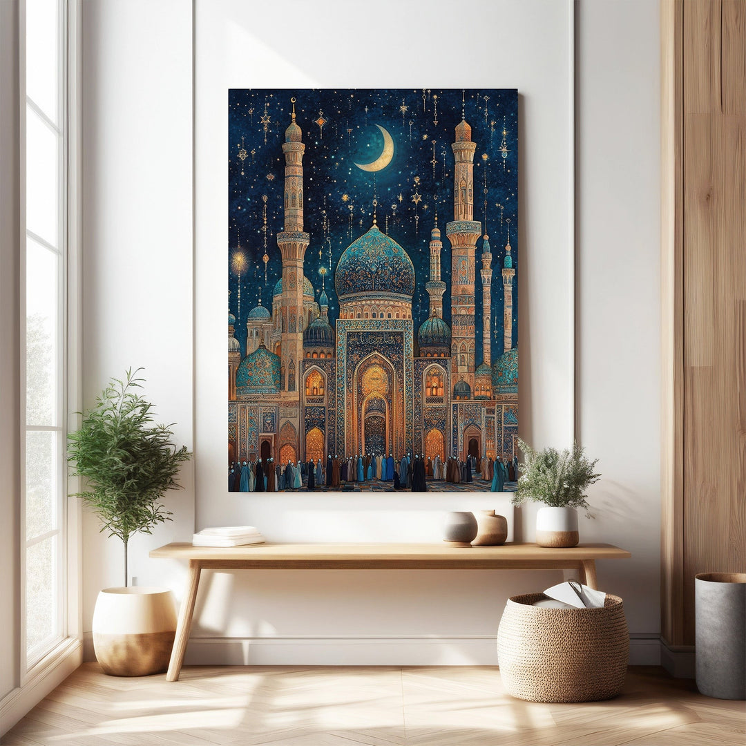 Wadi Home Islamic art print of a majestic mosque under a starry night sky with a crescent moon. Rich blues, golds, and teals.