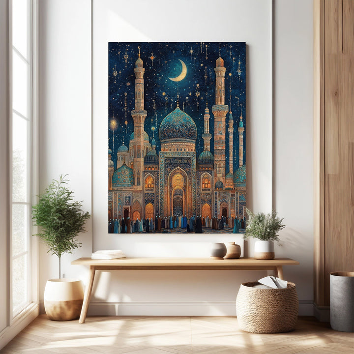 Wadi Home Islamic art print of a majestic mosque under a starry night sky with a crescent moon. Rich blues, golds, and teals.