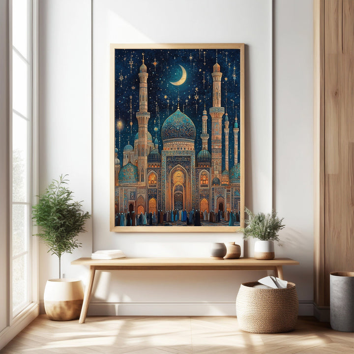Wadi Home Islamic art print of a majestic mosque under a starry night sky with a crescent moon. Rich blues, golds, and teals.
