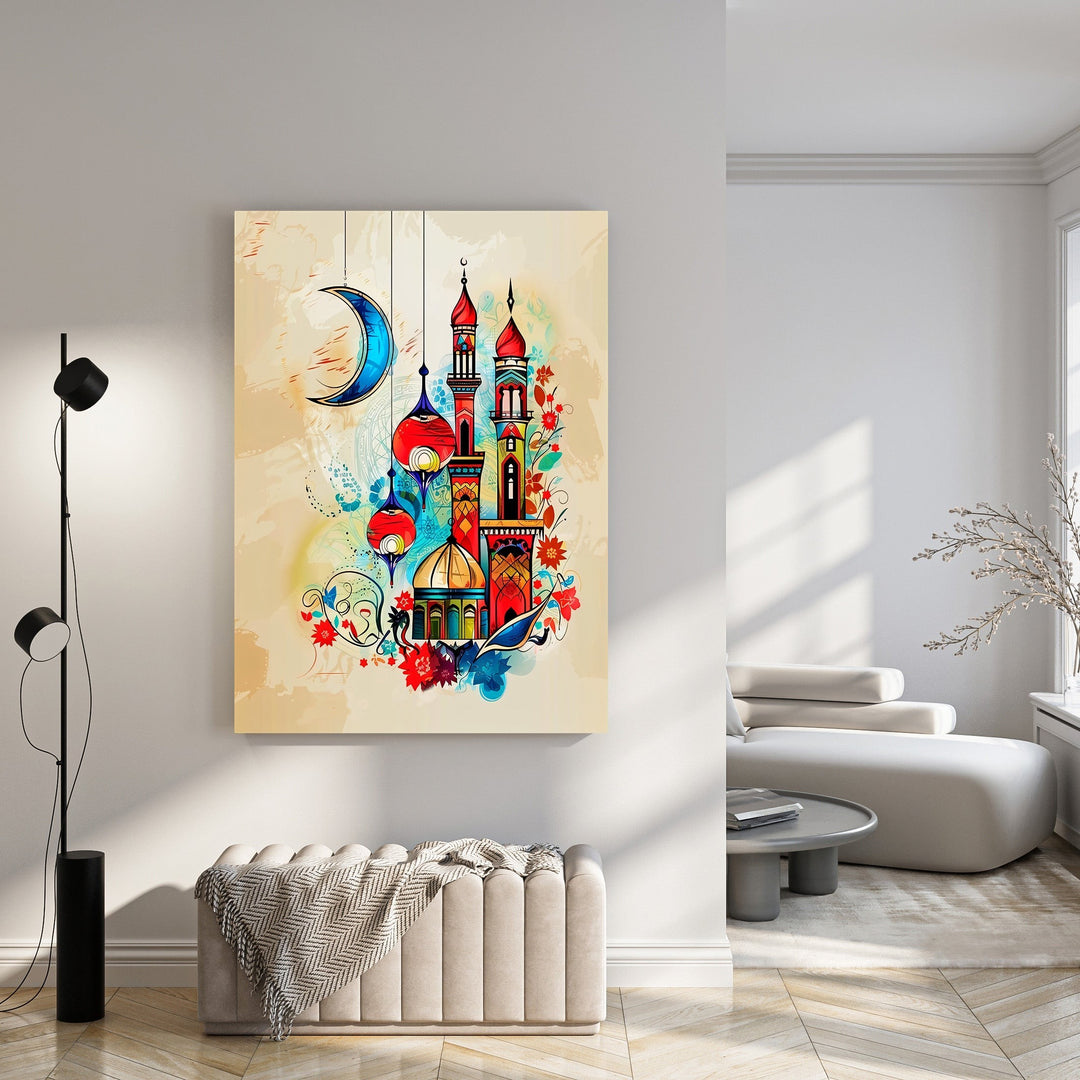 Wadi Home Islamic Mosque Crescent Moon Lanterns Wall Art with vibrant colors, minarets, domes, and decorative lanterns.