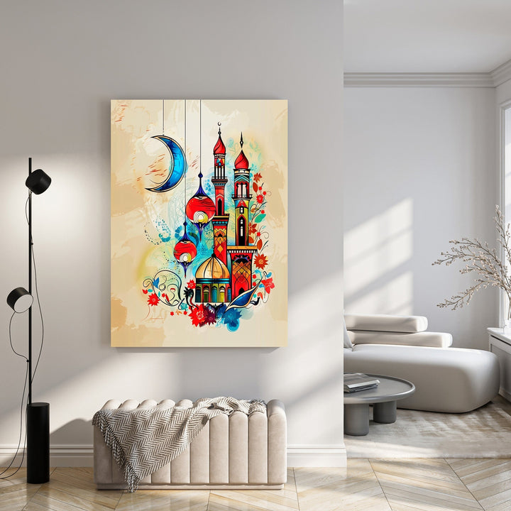 Wadi Home Islamic Mosque Crescent Moon Lanterns Wall Art with vibrant colors, minarets, domes, and decorative lanterns.