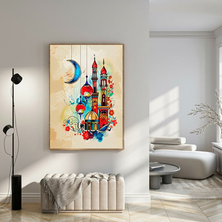 Wadi Home Islamic Mosque Crescent Moon Lanterns Wall Art with vibrant colors, minarets, domes, and hanging lanterns.
