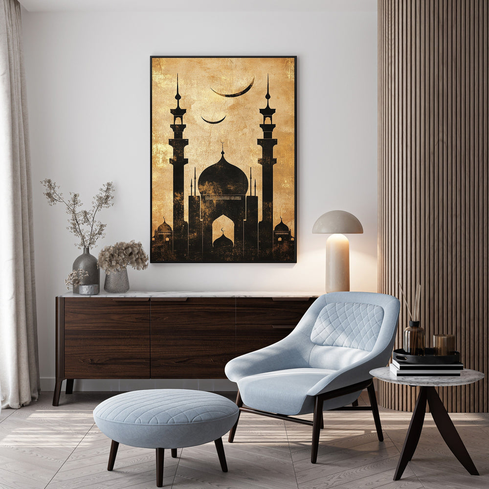 Wadi Home Islamic Mosque Silhouette Wall Art in black and gold with crescent moon detail. Textured gold background.