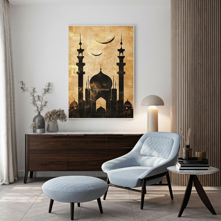 Wadi Home Islamic Mosque Silhouette Wall Art in black and gold with crescent moon detail.