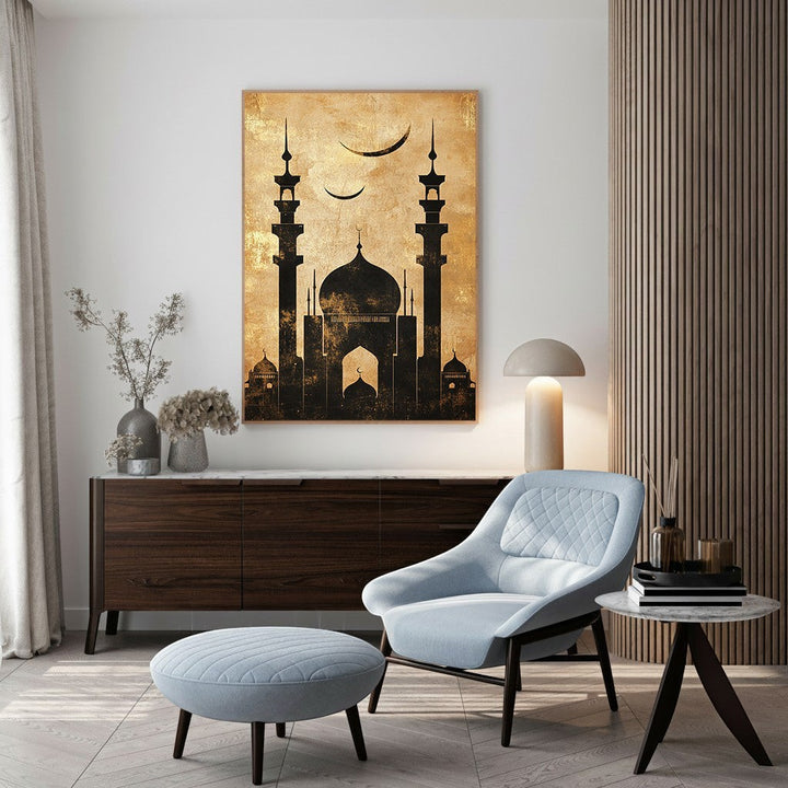 Wadi Home Islamic Mosque Silhouette Wall Art in black and gold with crescent moon detail, perfect for spiritual elegance.
