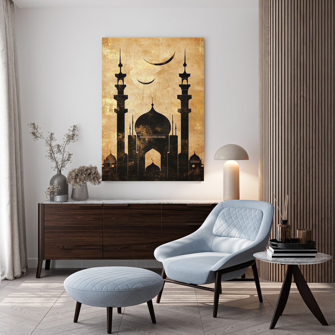 Wadi Home Islamic Mosque Silhouette Wall Art in black and gold textured finish with crescent moons.