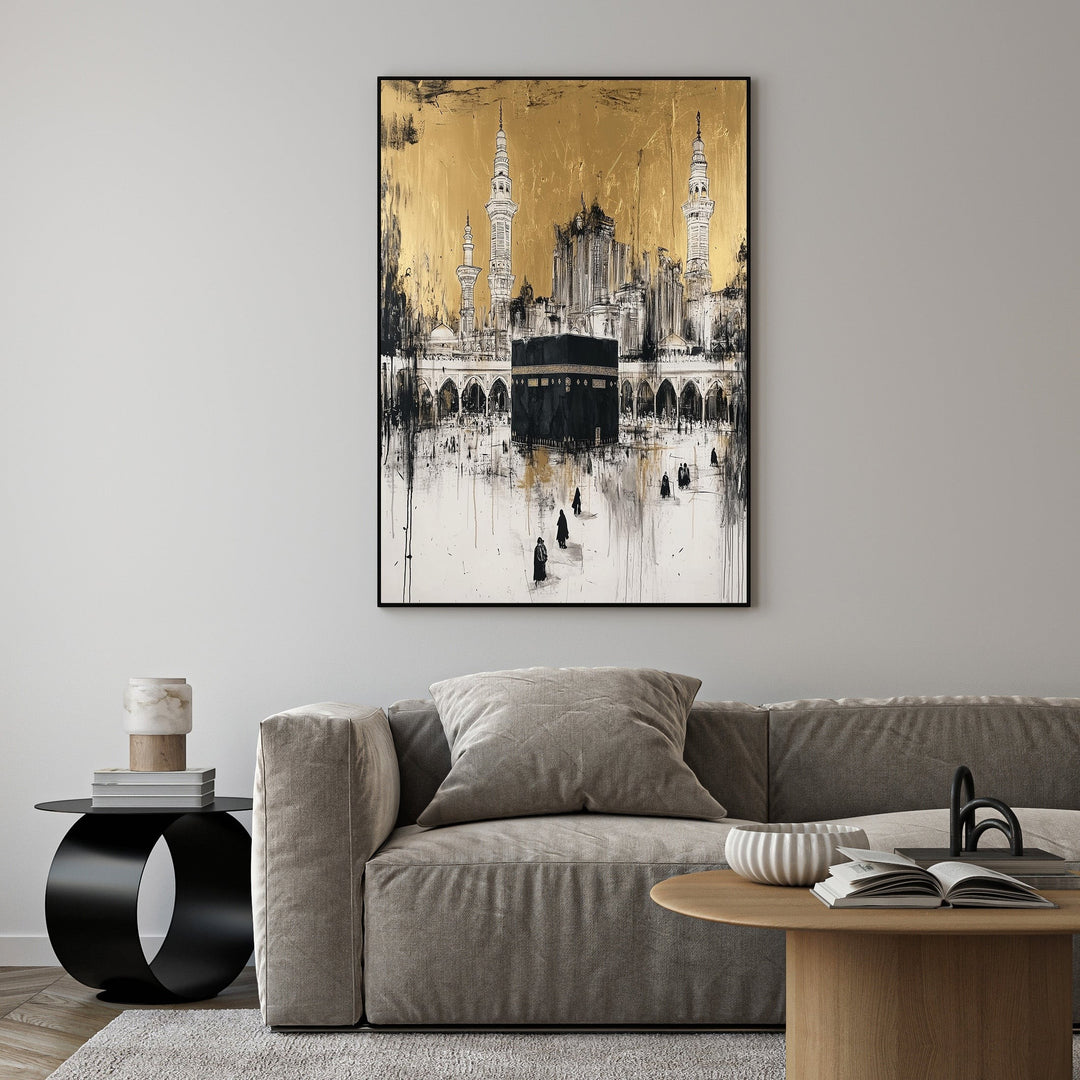 Wadi Home Islamic Mosque Wall Art featuring the Kaaba and mosque architecture in black and white ink on a gold background.
