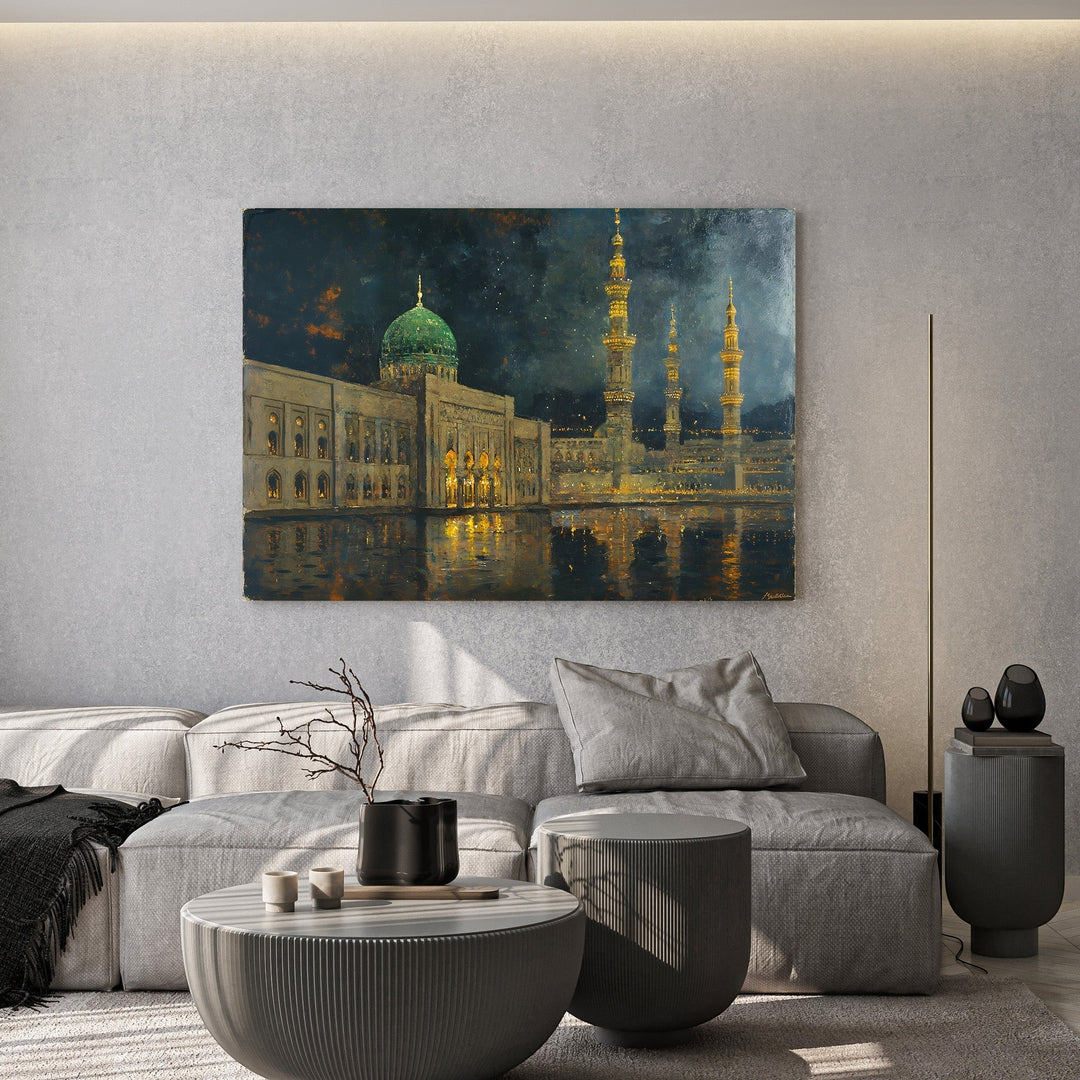 Wadi Home Islamic Mosque Landscape Wall Art featuring a green-domed mosque illuminated at night with reflections on water.