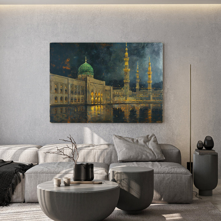 Wadi Home Islamic Mosque Landscape Wall Art featuring a green-domed mosque illuminated at night with reflections on water.