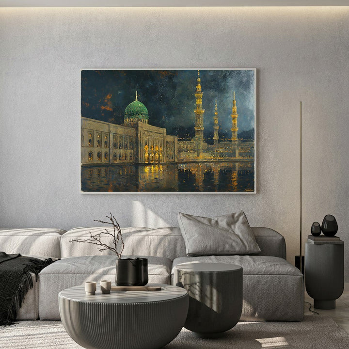 Wadi Home Islamic Mosque Landscape Wall Art, majestic mosque with green dome illuminated at twilight, reflecting in water.