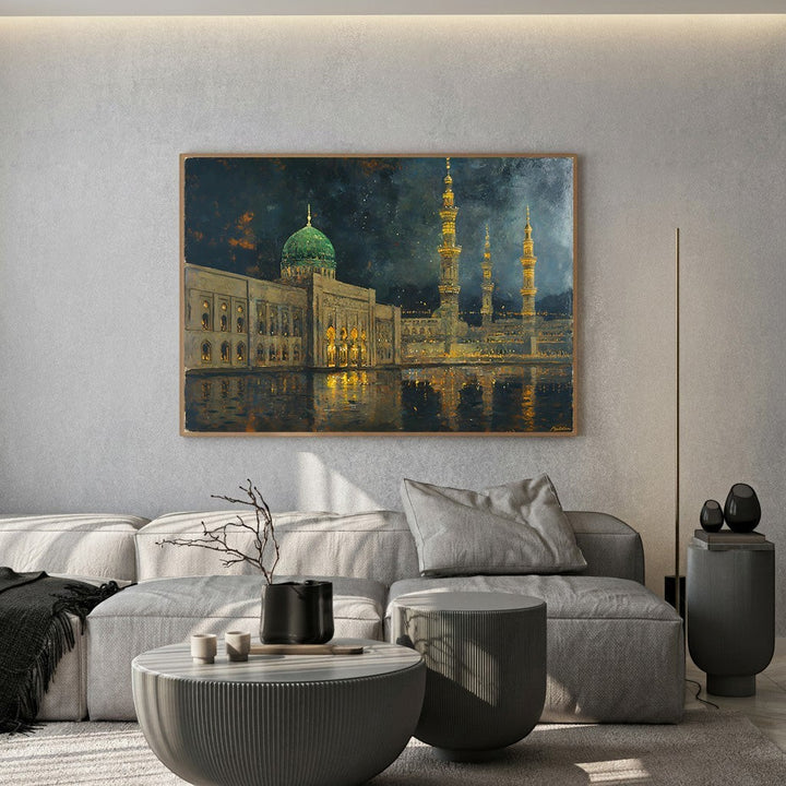Wadi Home Islamic Mosque Landscape Wall Art, a majestic mosque with a green dome illuminated at night, reflecting in water.