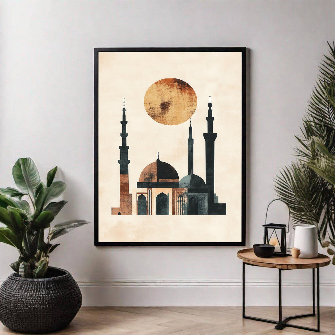 Wadi Home Islamic Mosque Silhouette Wall Art with sun motif in earthy tones. Minimalist architectural design.
