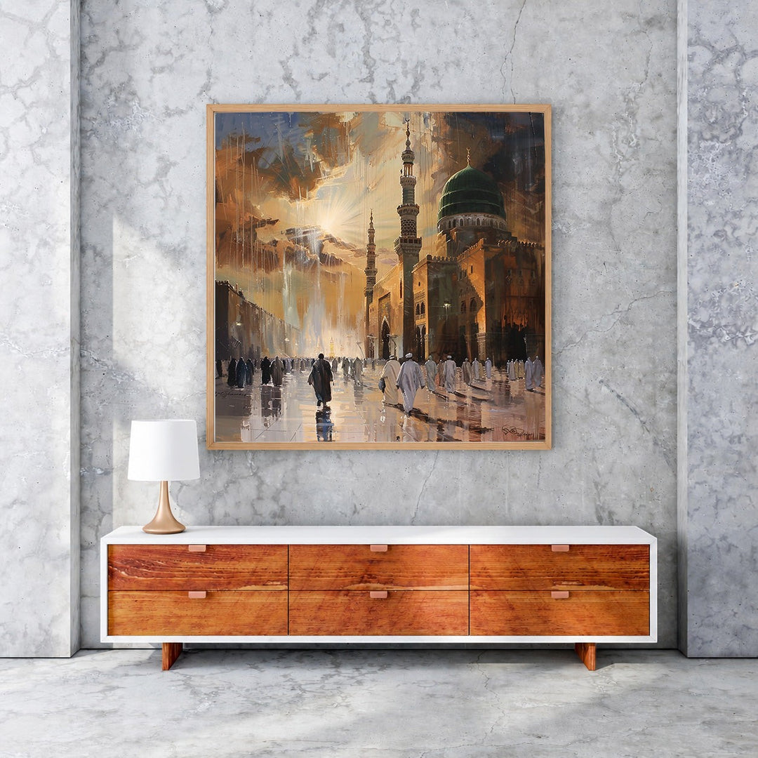 Wadi Home Islamic Mosque Landscape Wall Art with worshippers at sunset, warm golden light, intricate architecture, vibrant colors.