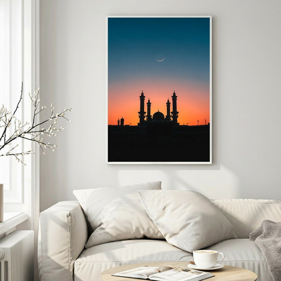 Wadi Home Islamic Mosque Silhouette Wall Art with crescent moon against a vibrant sunset sky. Features Islamic architecture.