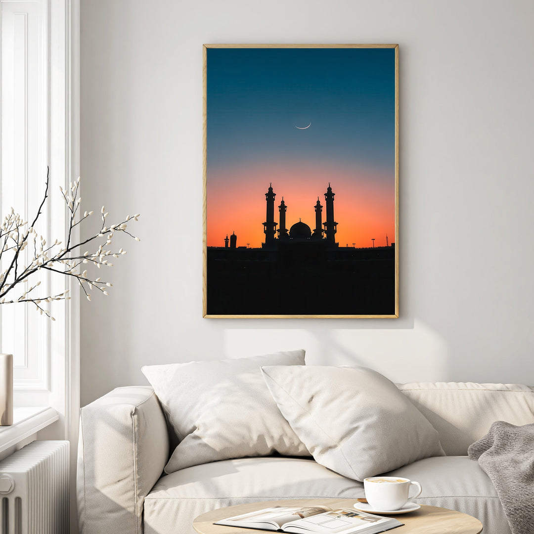 Wadi Home Islamic Mosque Silhouette Wall Art with crescent moon against a sunset sky. Vertical orientation.
