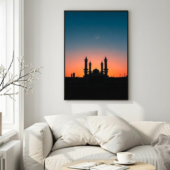 Wadi Home Islamic Mosque Silhouette Wall Art with crescent moon against a vibrant sunset sky. Captures Islamic architecture and spirituality.