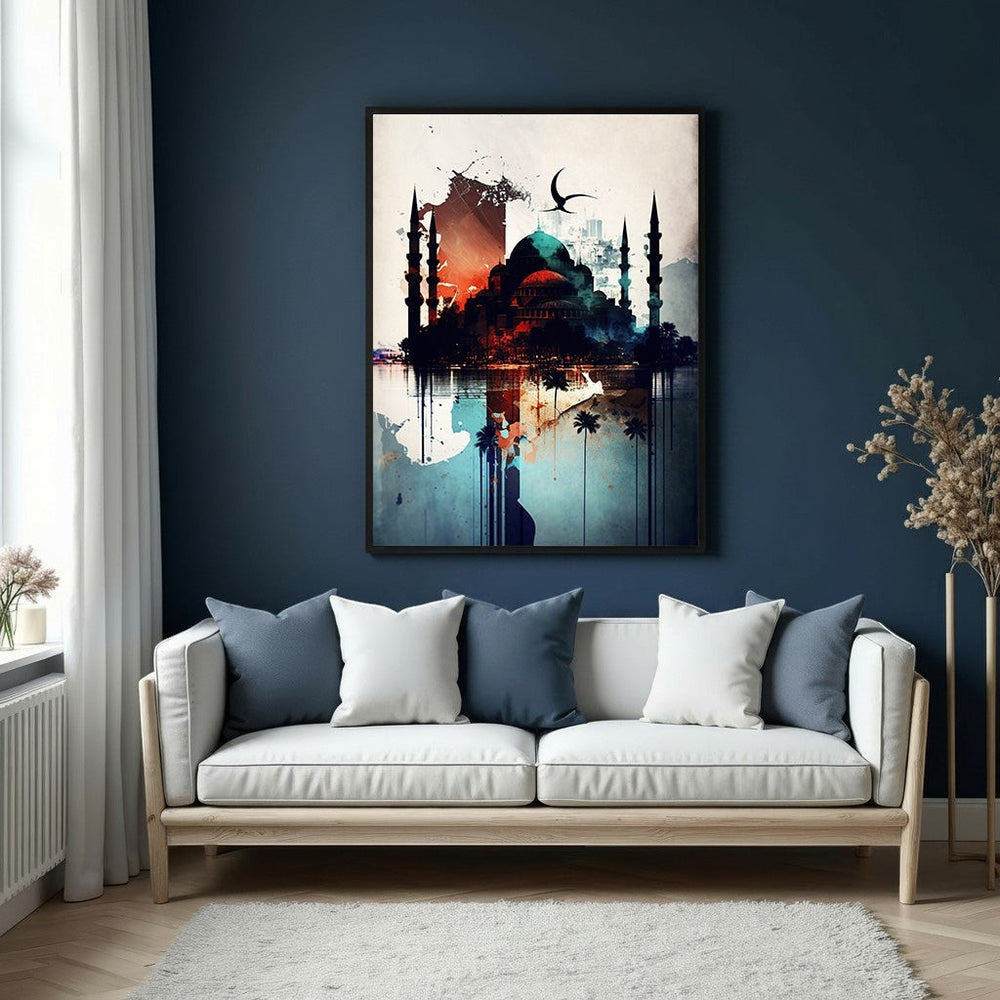 Wadi Home Islamic Mosque Watercolor Wall Art with vibrant colors and modern artistic flair.
