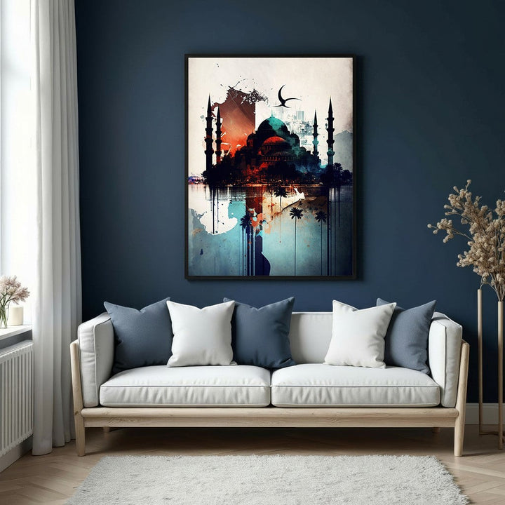Wadi Home Islamic Mosque Watercolor Wall Art with vibrant colors and modern artistic flair.