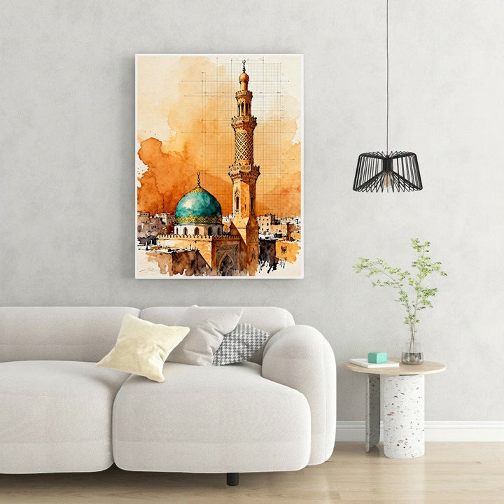 Wadi Home Islamic Mosque Watercolor Wall Art with turquoise dome and intricate minaret, warm orange watercolor splashes.