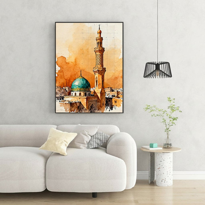 Wadi Home Islamic Mosque Watercolor Wall Art with turquoise dome and minaret, warm orange watercolor splashes.