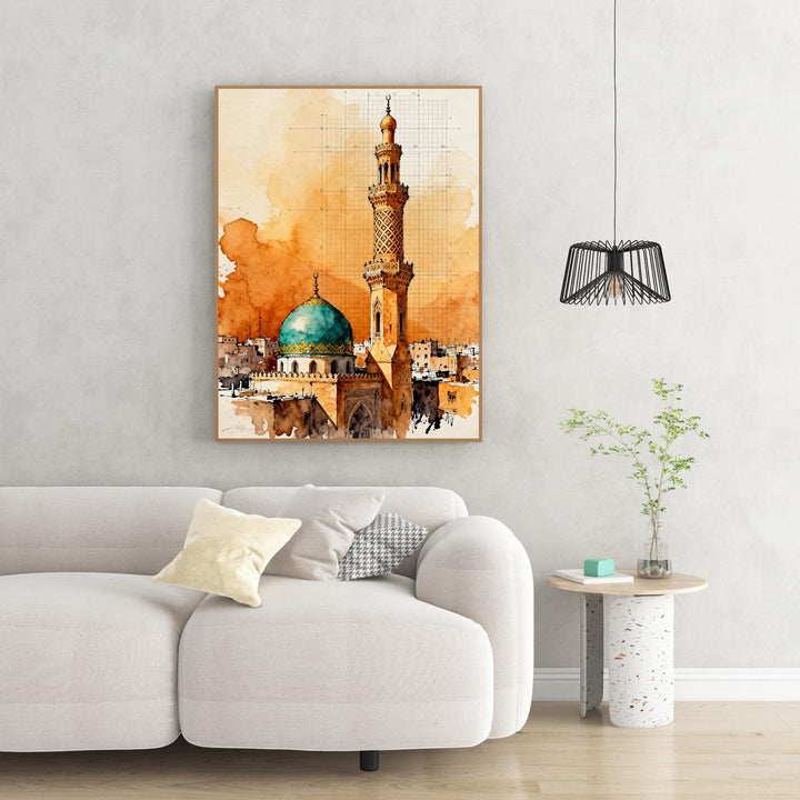 Wadi Home Islamic Mosque Watercolor Wall Art with turquoise dome and minaret, warm earthy tones, framed print.