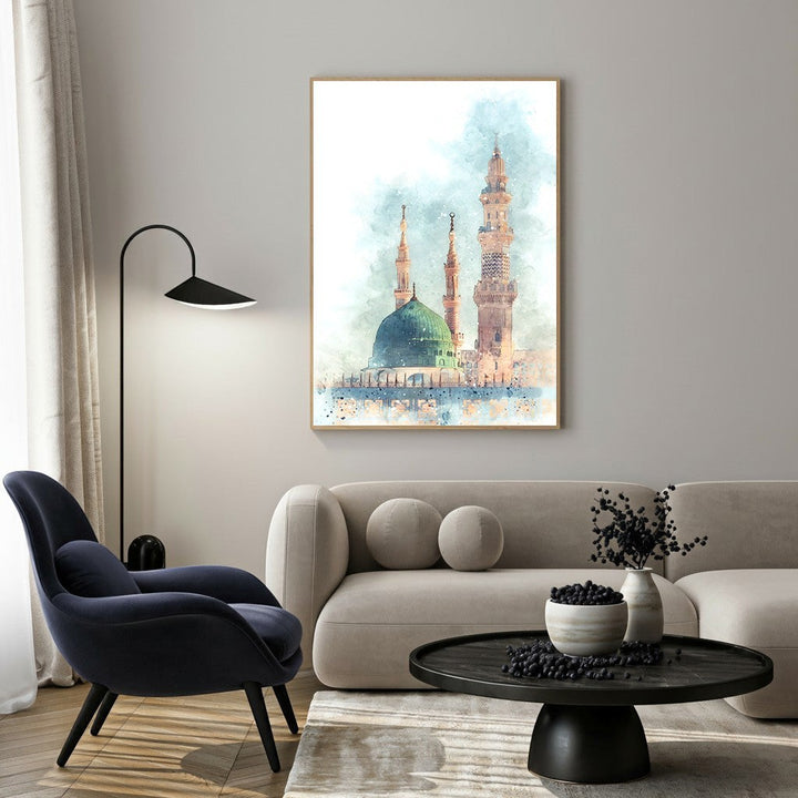 Wadi Home Islamic Mosque watercolor art print with green dome and minarets, serene spiritual decor.