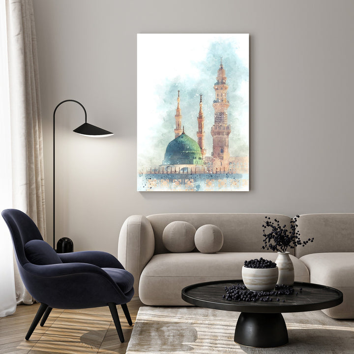 Wadi Home Islamic Mosque watercolor art print with green dome and minarets, serene spiritual decor.