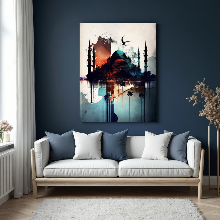 Wadi Home Islamic Mosque watercolor wall art with vibrant colors and modern artistic flair. Features mosque silhouette, minarets, and reflection.