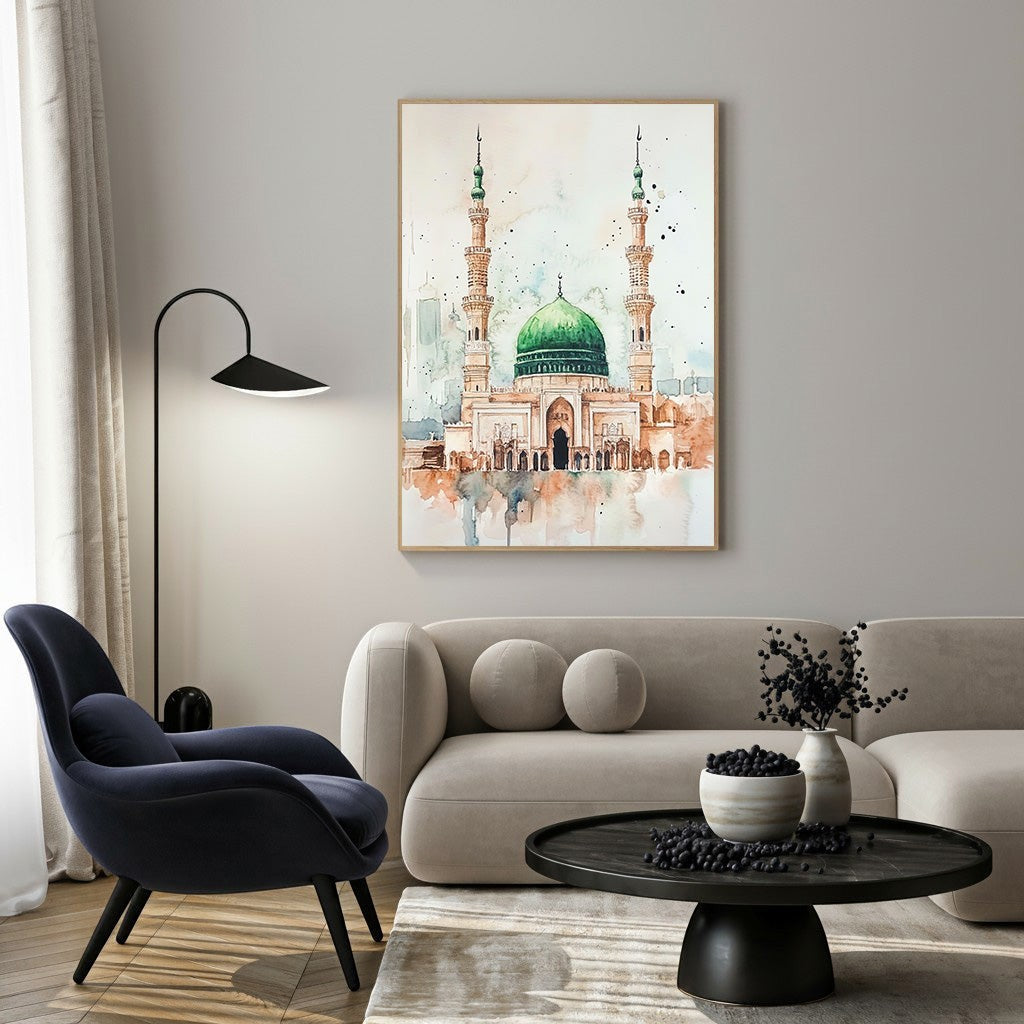 Wadi Home Islamic mosque watercolor wall art with green dome and minarets, in a modern living room setting.