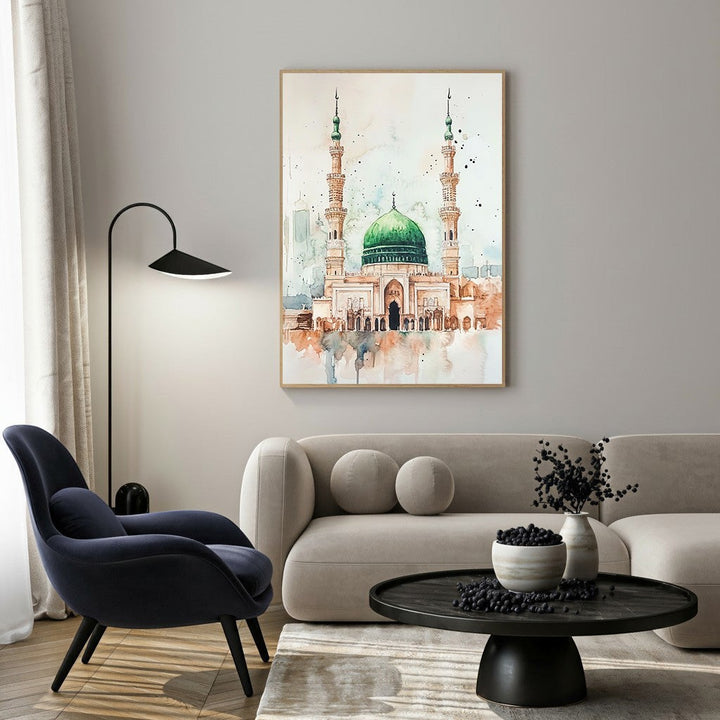 Wadi Home Islamic mosque watercolor wall art with green dome and minarets, in a modern living room setting.