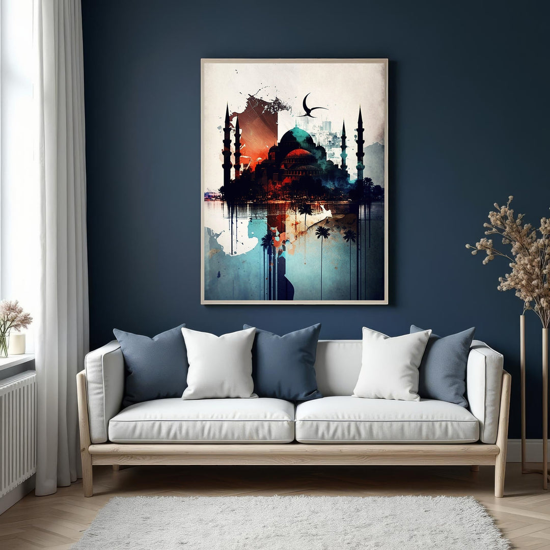Wadi Home Islamic Mosque watercolor wall art with vibrant colors and modern artistic flair, depicting majestic Islamic architecture.