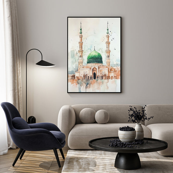 Wadi Home Islamic mosque watercolor wall art with green dome and minarets, soft colors, framed.