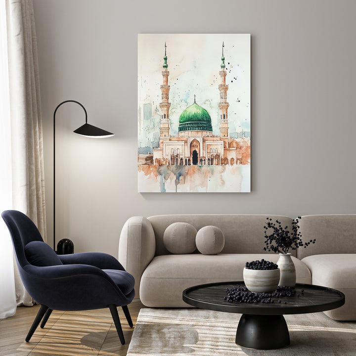 Wadi Home Islamic mosque watercolor wall art with green dome and minarets, in a modern living room.