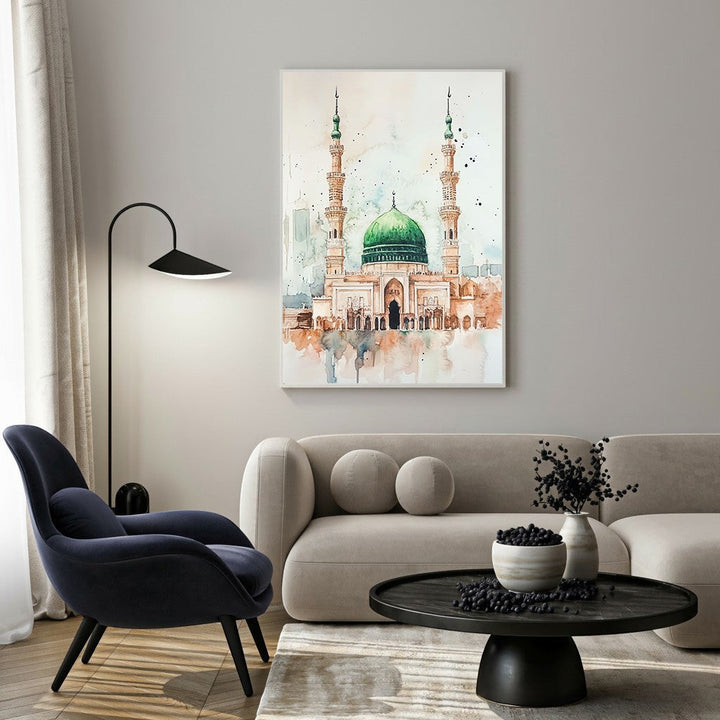 Wadi Home Islamic mosque watercolor wall art with green dome and minarets, soft colors, serene spiritual decor.