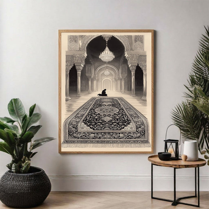 Wadi Home Islamic prayer scene wall art, monochrome illustration of a figure praying on an ornate rug in an arched hall.