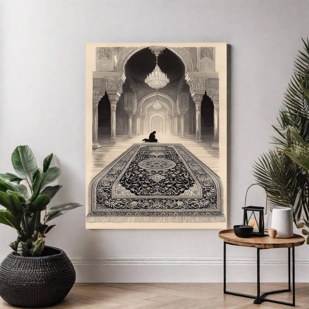 Wadi Home Islamic prayer scene wall art, monochrome illustration of a figure praying on an ornate rug in an arched hall.