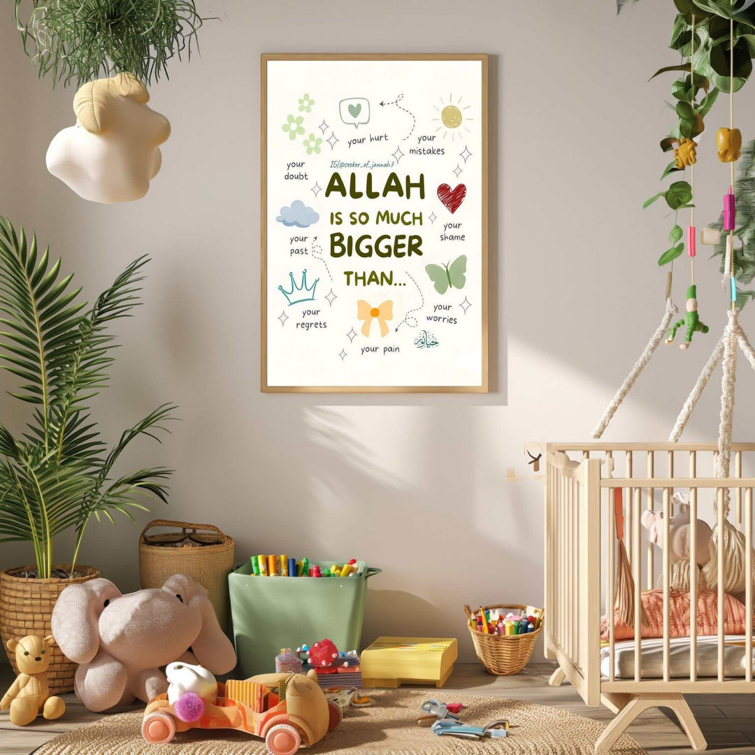 Wadi Home Islamic wall art with the quote 'Allah is so much bigger than your worries' in a light wood frame. Features playful illustrations and Arabic calligraphy.