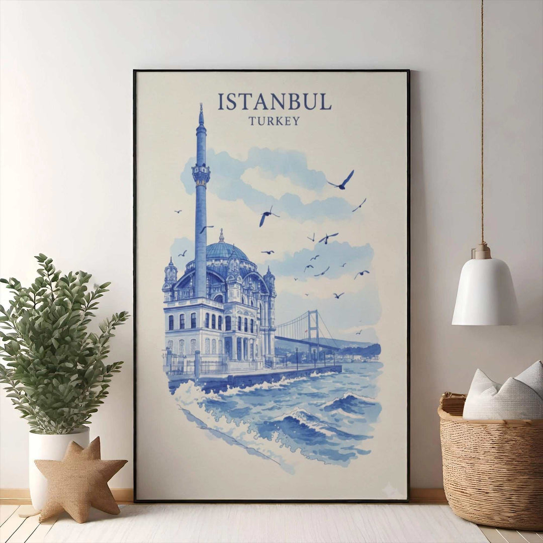 Wadi Home Istanbul Turkey watercolor art print featuring a blue and white mosque and Bosphorus Bridge over wavy water.