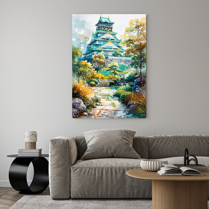 Wadi Home Japanese castle garden watercolor art print with lush greenery and stone path.