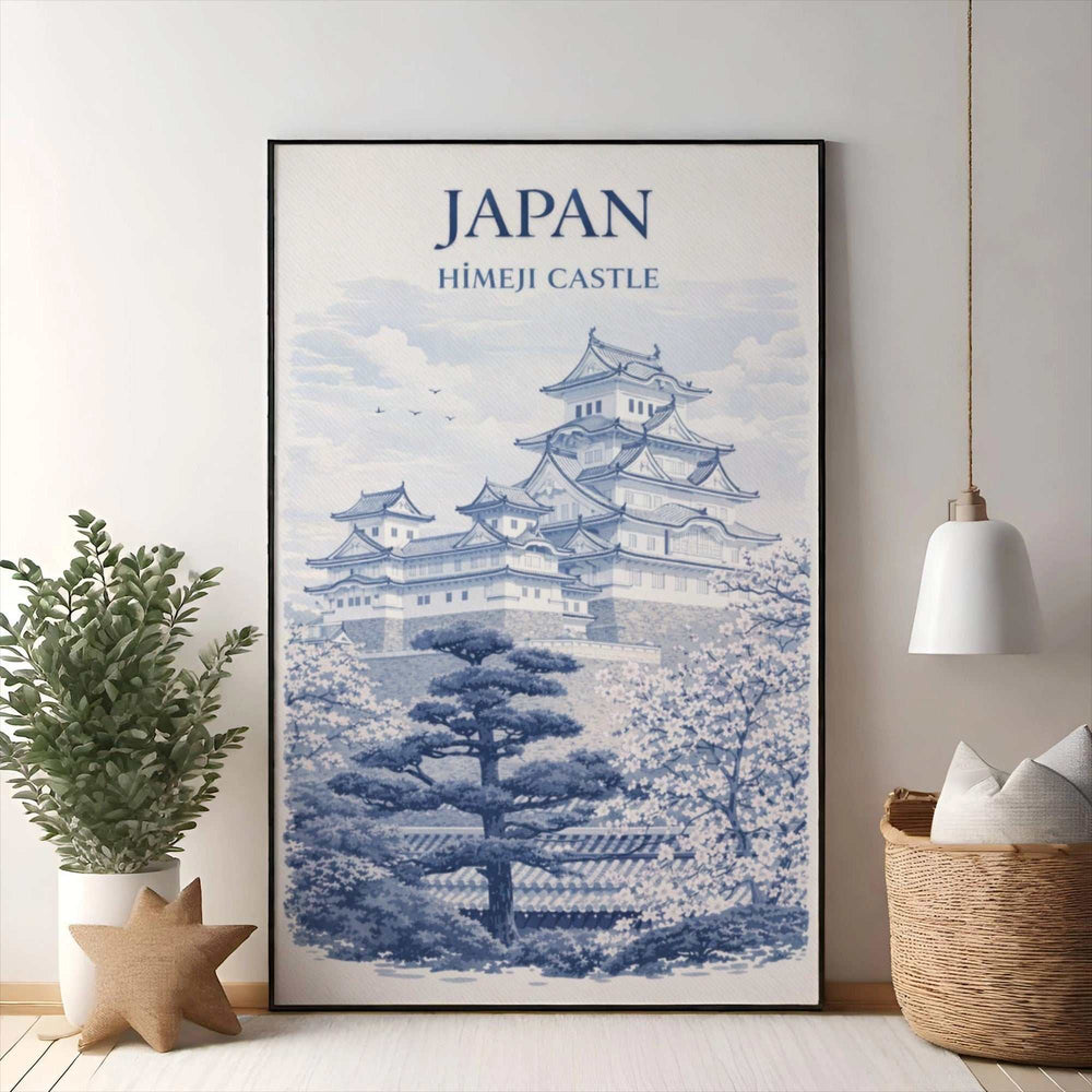 Wadi Home Japanese art print of Himeji Castle in blue and white, featuring cherry blossoms and a pine tree.